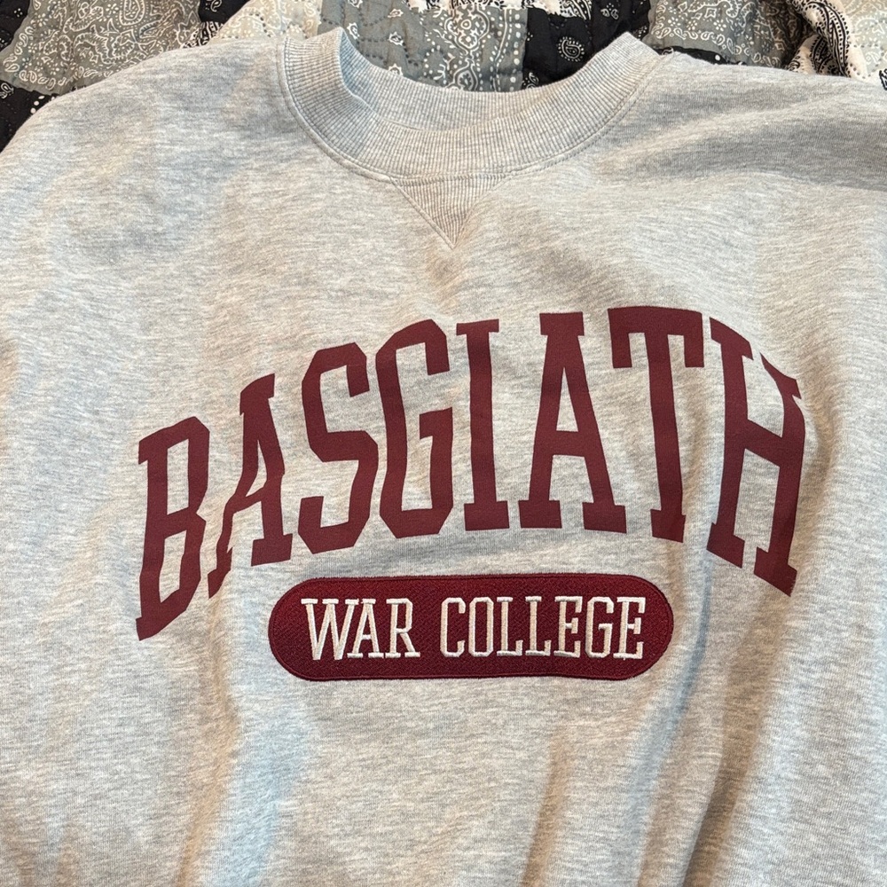 Gray Crewneck Sweatshirt with Maroon 'BASGIATH WAR COLLEGE' fourth wing